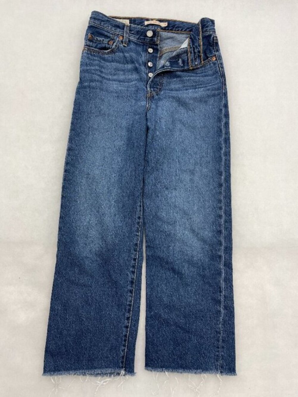 Levi's Premium Ribcage Straight Big E Raw Hem Blue Jeans Women's 26 Fits 26x27